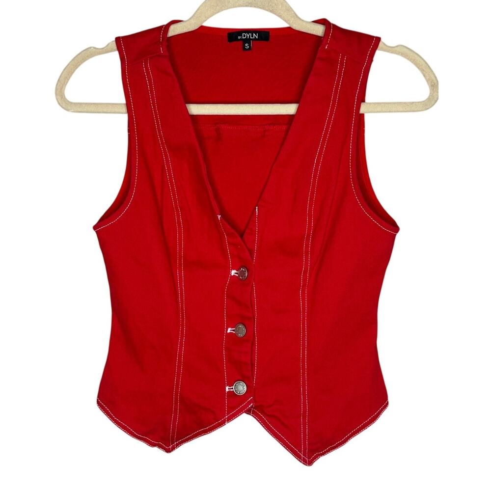 BY.DYLN Tyler Vest Red White Contrast Stitching Button Up Twill Crop Top Small